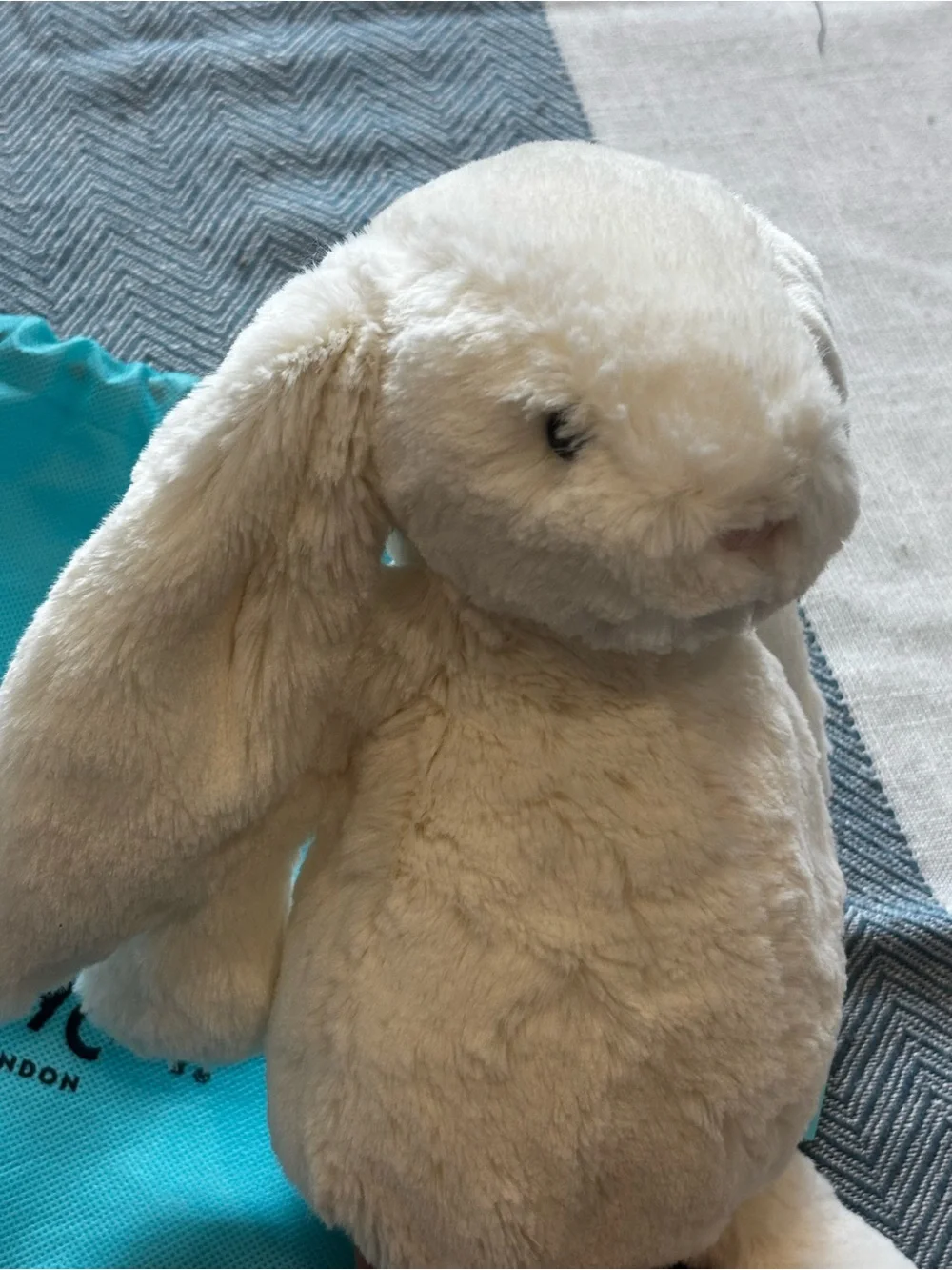 Jellycat Bashful Cream Plush Bunny with Turquoise Carry Bag NWT